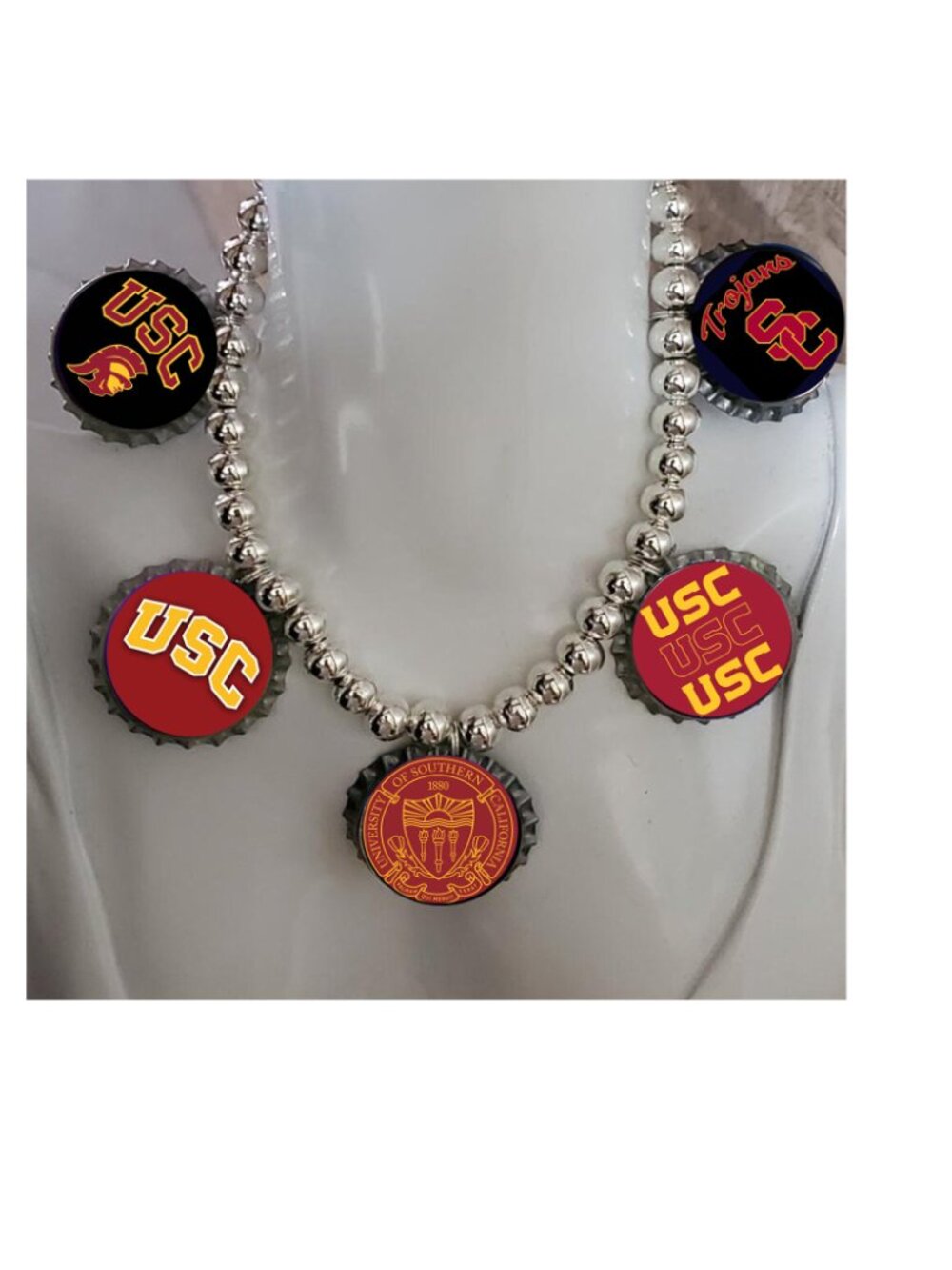 USC University of Southern California bottlecap necklace artisan beaded unique